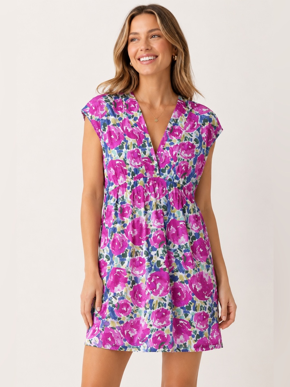 Garnet Hill Size 4 100% Cotton Floral Dress Empire Waist Surplice V Neck